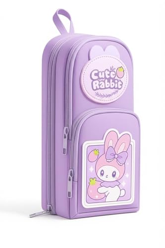 Image of Kawaii Cute Aesthetic Pencil Case for Girls & Boys | 3 Layer 6 Compartment Large Capacity Pencil Pouch with Zipper | Cartoon Stationery Organizer Bag for Students & Kids (Purple)