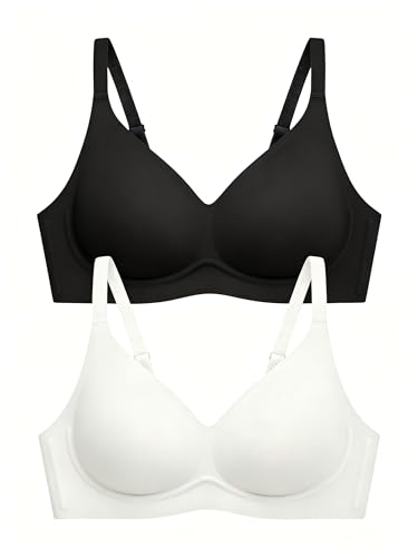Image of Seamless Wireless Jelly Bras for Women - Lightly Padded Bra with Support, No Underwire Comfortable T-Shirt Bralette (L, Black-Pure White)