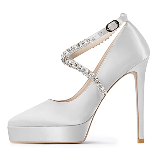 FSJ Women Closed Pointed Toe Stiletto High Heel Platform Pumps Cross Rhinestone Ankle Strap Wedding Evening Party Dress Shoes Size 4-15 US2