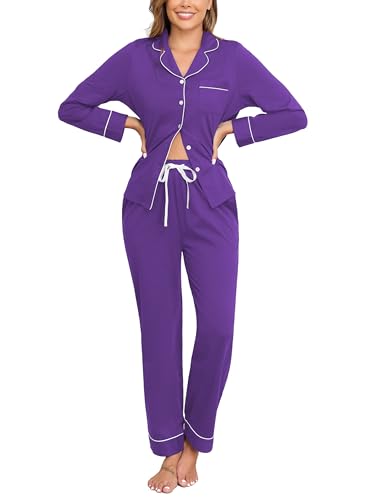 Image of Veseacky 100% Cotton Women's Pajama Set Long Sleeve Button Down Sleepwear Soft Pjs Lounge Sets Nightwear Pjs XS-XXL