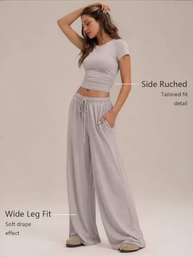 Image of Trendy Queen 2 Piece Matching Summer Lounge Set Womens Side Ruching Top Wide Leg Pants Sets with Pockets
