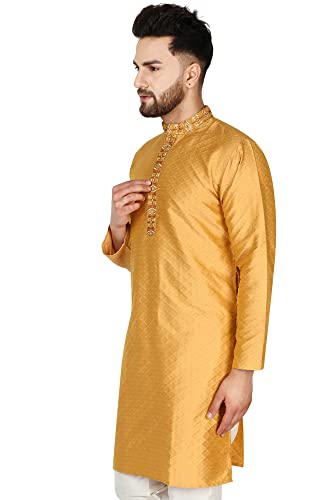 SKAVIJ Men's Art Silk Kurta Wedding Party Casual Long Shirt Dress (Small, Gold)4
