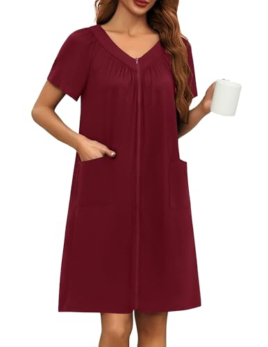 Image of Ekouaer Women Robe Zipper Front Mumu Duster Robes Zip Up Housecoat Soft Sleepwear with Pockets