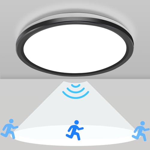 Sentasi Plafón LED de techo con sensor de movimiento radar, 18 W, 5000 K, 1800 lm, 360 °con sensor de radar LED, lámpara redonda de techo para 22 cm (Negro, 1PC)