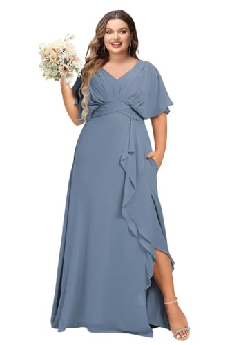 Dessiny Flutter Sleeves Plus Size Bridesmaid Dresses with Slit Chiffon V Neck Formal Party Dresses 2025 DE54