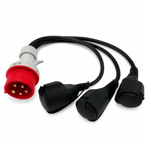 SOLARTRONICS CEE Adapter 400V Stecker 16A auf 3X Schuko Kupplung – Stromverteiler 230V Steckdosen Verlängerung Baustrom