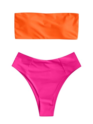 Image of ZAFUL Women's High Cut Bandeau Bikini Set Strapless Solid Color 2 Pieces Bathing Suit Swimsuit