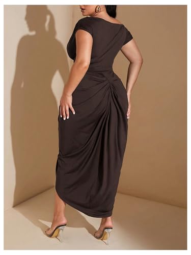 Image of Floerns Women's Plus Size Asymmetrical Neck Long Dress Ruched Slit Hem Cocktail Dress