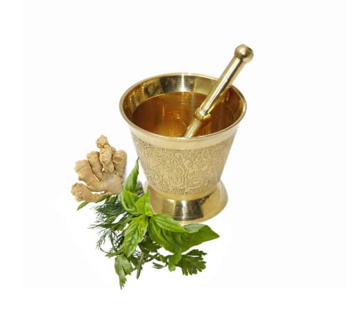 LAKSHMI'S EAGLE Mortaio e pestello in ottone Hamam Dasta Gadget da cucina Frantoio per erbe Spezie Ciotola Molcajete Utensili da cucina Mortaio Pestello Set di 2 pezzi