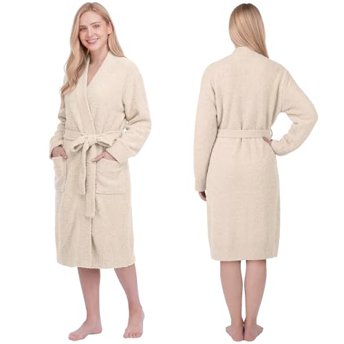 Image of PAVILIA Premium Plush Robe for Women, Soft Cozy Fuzzy Bathrobe with Pockets, Warm Mid-Length Lounge Robe with Tie Belt