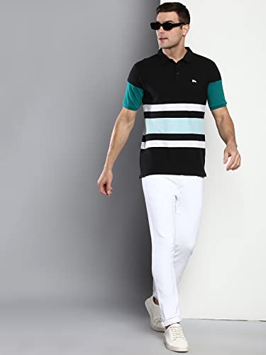 Image of Dennis Lingo Men's Casual Slim Fit Polo Neck T-Shirt, Half Sleeves Striped Pure Cotton Collar T-Shirt for Men