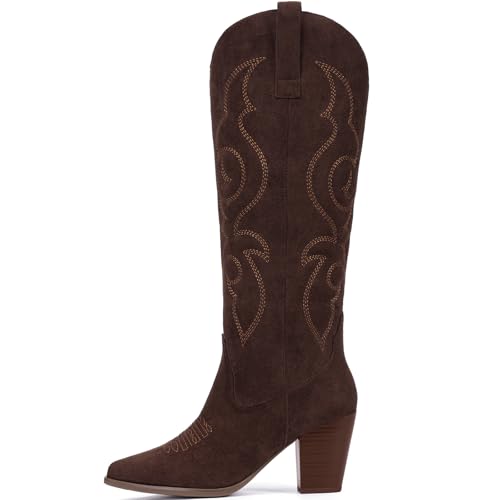 Suede Cowboy Boots for Women - Western Knee High Cowgirl Boots with Side Zipper, Retro Pointed Toe Tall Block Heel Pull On Long Boot for Ladies Fall Winter Rodeos Concert Festival Daily - Image 5