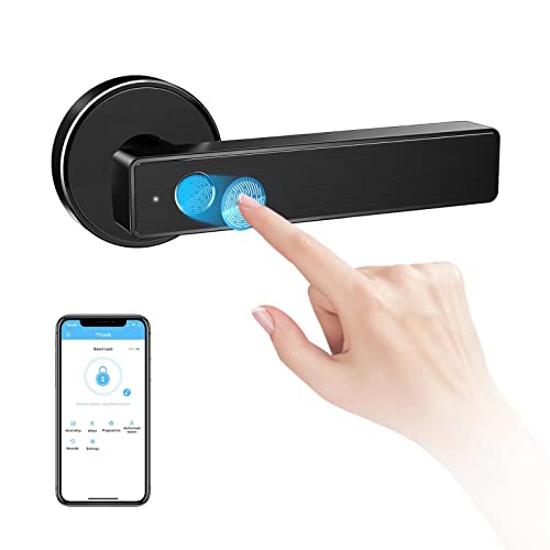 Keyless Entry Door Lock Smart Biometric Fingerprint Door Lock Safe Front Door Handle with Fingerprint Bluetooth App Key Unlock for Home Office Apartment Garage School Wooden Door by Nyboer (Black)