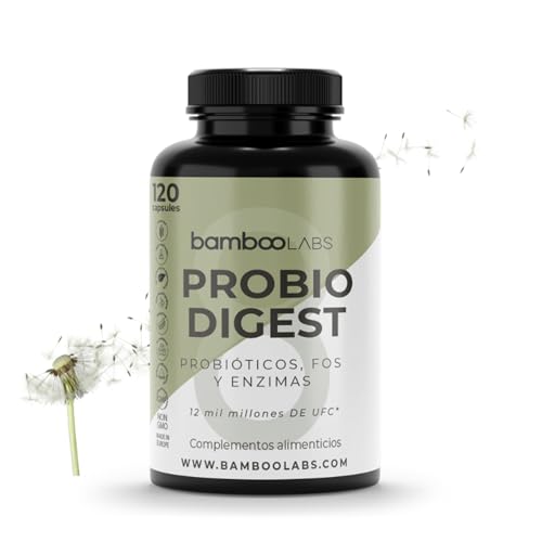 Bamboo Labs - Probioticos y Prebioticos Intestinales 120 Cápsulas, 3 Cepas con más de 12 Mil Millones de UFC + Complejo Enzimas Digestivas Potentes, Favorece el Sistema Digestivo e Intestinal