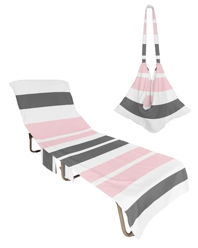 Pink Grey Striped Beach Lounge Chair Towel Cover, Soft Chaise Lounge Towel with Side Pockets Patio Pool Chairs Cover for Beach/Pool Sunbathing 29x85 Gray Modern Abstract Art