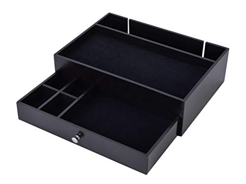 Valet Drawer Charging Station – Black Nightstand Organizer Wallet And Key Tray Holds Watches, Jewelry, Tablet - 5 Compartment Cell Phone Holder for Men And Women - Thumbnail 2