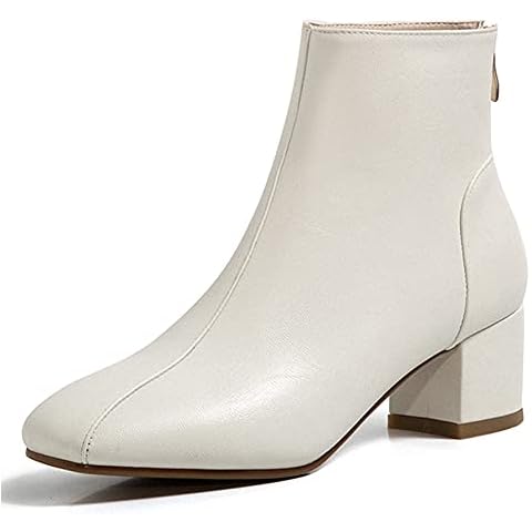 Roimaash Elegant Women Ankle Boots Block Mid Heels Zipper Low Boots Slim Office Dress Boots Wedding Dress Booties Autumn Boots Comfort Off White Size 38 Cover