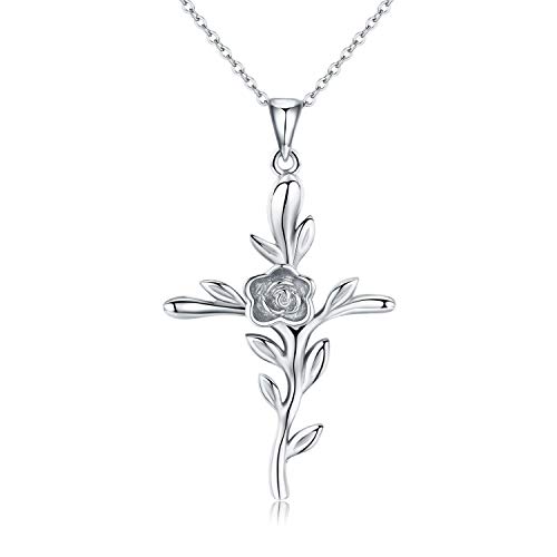 Collier croix plaqué or rose 18 carats avec pendentif fleur