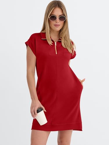 Image of ANRABESS Womens Summer Casual Half Zip Cap Sleeve Trendy Wrinkle-Free Tshirt Dress 2026 Spring Beach Vacation Short Dresses