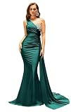 One Shoulder Bridesmaid Dress Long with Train Teal Satin Mermaid Ruched Formal Dresses for Women Evening Party Gown Size 8