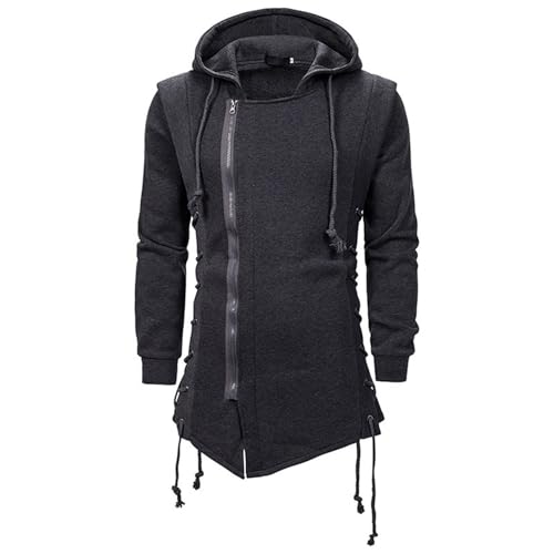 JMSUN Sweat à capuche Robe Assassin pour homme - Gothique - Asymétrique - Fermeture éclair latérale - Laçage - Veste à capuche en polaire, gris, Large