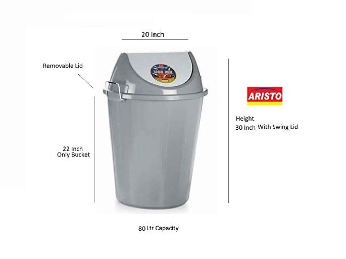 Image of ARISTO Swing Lid Garbage Waste Dustbin with Metal Side Handle 80 ltr GREY & GREY PACK OF 2