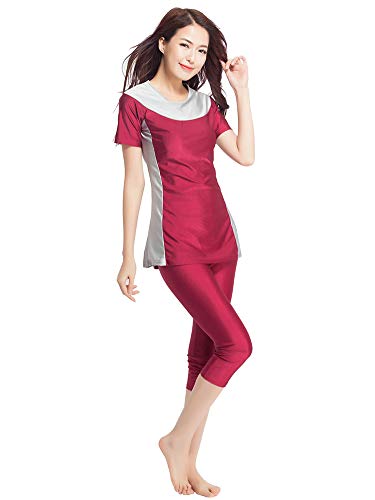 Nuevo Muslim Swimwear Traje de Baño Musulmán Traje Islámico de Mujer de Manga Corta Modesto Swimsuit Ropa de Playa Burkini (Red, XS)