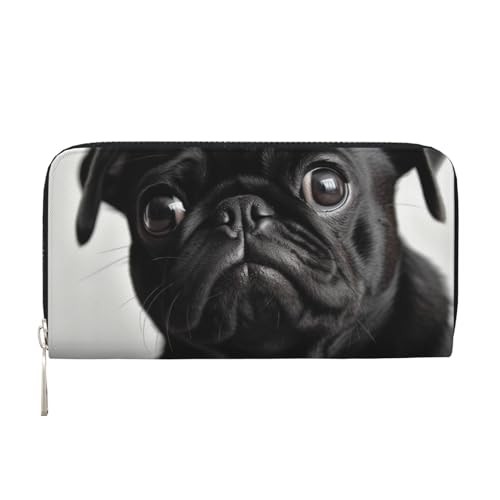 Cute Black Pug Dog Leather Wallet For Women Girl, Zip Around Credit Card Holder Long Pu Wallet Clutch Purse Waterproof Travel Handbag