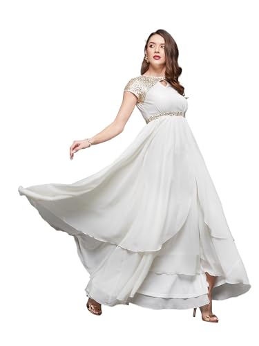 Image of Miss Chase Women's Round Neck Sleeve Embellished Fit Flare Maxi Dress