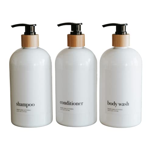 Plastic Shampoo And Conditioner With Bamboo Top Dispenser, Bamboo Bathroom Accessories, Shower Bottles Refillable With Labels, Set Of 3 #TOP10