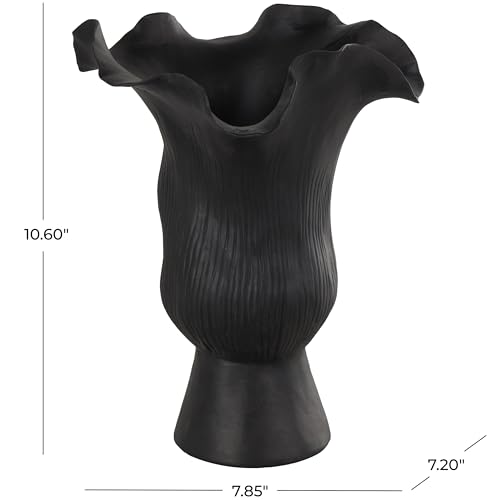 Image of Deco 79 Ceramic Abstract Floral Inspired Vase with Wavy Folded Rim and Linear Grooves, 8 inch x 7 inch x 11 inch, Black