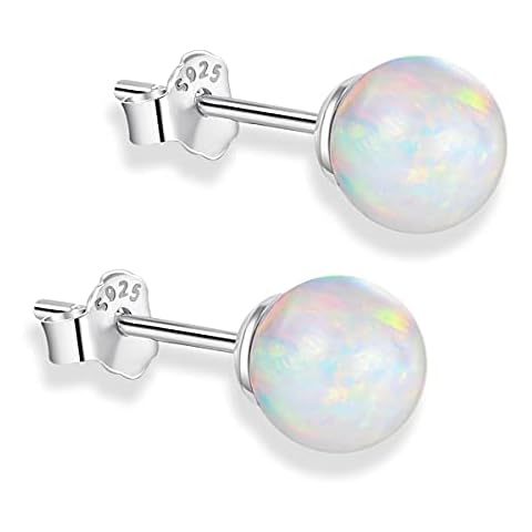 Sterling Silver Opal Ball Earrings 3mm-8mm Options, Simulated Opal Stud Earrings Hypoallergenic Jewelry (3mm) Cover
