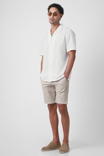 Image of Peter England Men's Casual Half Sleeve Resort Collar Shirt in 100% Cotton Seersucker with Striped Design