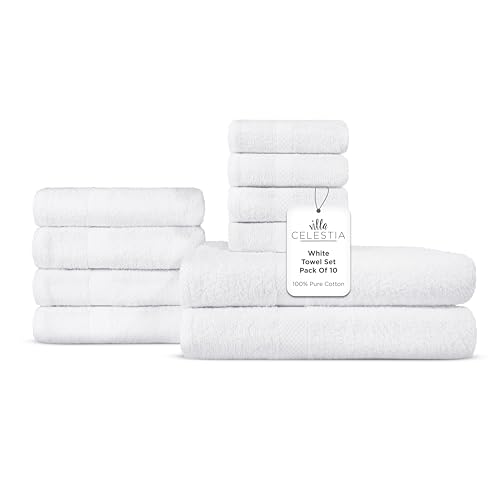 Image of Villa Celestia 10-Piece 100% Cotton Towel Set, 2 Bath Towels, 4 Hand Towels, 4 Wash Cloth, Quick-Dry, White