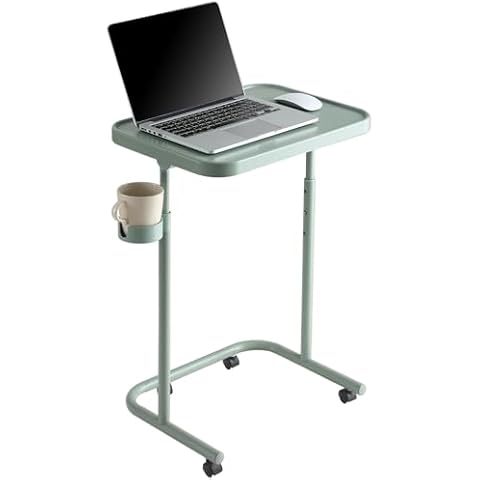 Keepo Metal TV Tray Table with Wheels/Casters, Side End Table, Adjustable Meal Tray, Folding Laptop Table with 3 Heights, 0 to 90 Degrees Tilt Angles, Portable Over Bed & Sofa Stand Desk (Gray Green) Cover