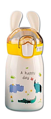 Gourde isotherme lapin enfant 400mL blanche sans BPA avec paille étanche
