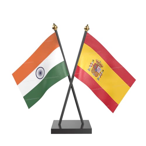 Image of The Flag Company Country Cross Table Desk Flags on Acrylic Base with Poles (Length: 10 inches) | Use for Home & Office,Conference (Spain)