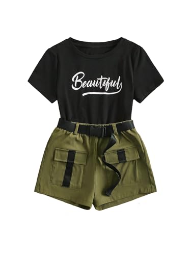 Image of SHENHE Girl's 2 Piece Outfits Short Sleeve Graphic Tee and Belted Cargo Shorts Set Green and Black 9Y