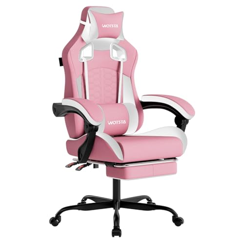 WOTSTA Gaming Chair with Massage,Ergonomic PC Gaming Chair with Footrest Comfortable Headrest and Lumbar Support,High Back Game Chair PVC Leather,300LBS (Pink)