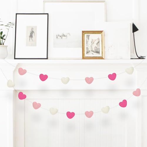 Valentine's Day Garland Felt Ball Garland, Pink White Heart Pom Pom Garlands for Home Tree- Valentine's Day Indoor Outdoor Home Office Hanging (Pink Heart All)