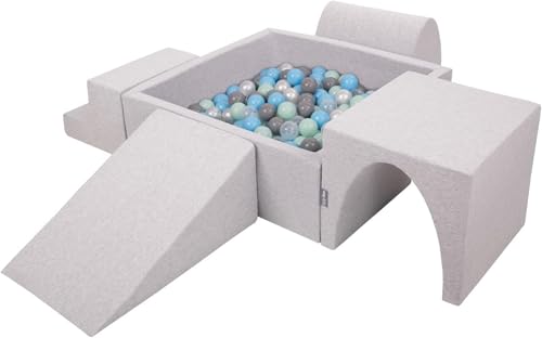 KiddyMoon Spielplatz Aus Schaumstoff Mit Quadrat B&auml;llebad (300 B&auml;lle) Ballgruben F&uuml;r Babys Spielbad Hindernisl&auml;ufen, Hergestellt In Der EU, Hellgrau:Perle/Grau/Transparent/Babyblue/Minze
