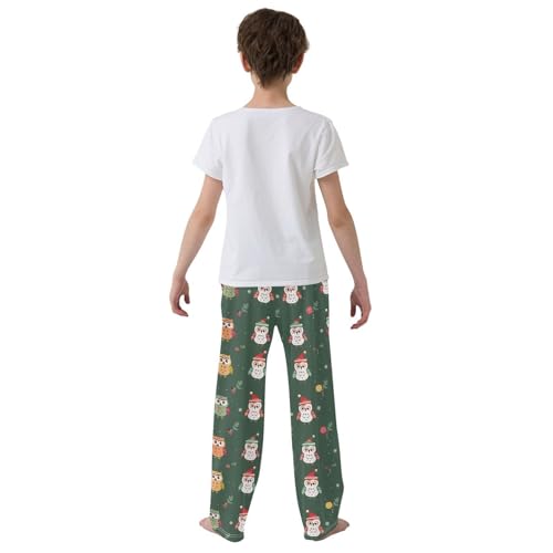 Xmas Owl Holly Leaves Boys Long Pants Soft Trousers Elastic Waist Kids Lounge Bottoms with Pockets S-XL3