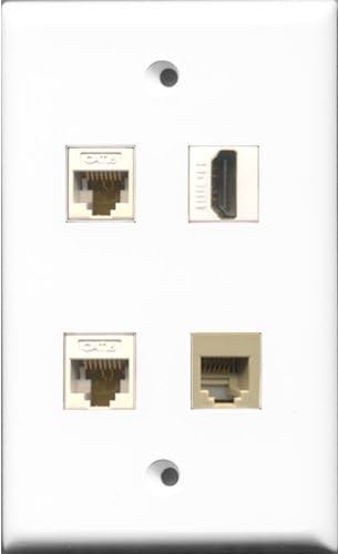 RiteAV 1ポート HDMIと1ポート 電話 RJ11 RJ12 ベージュ 2ポート Cat6 イーサネット ホワイト ウォール