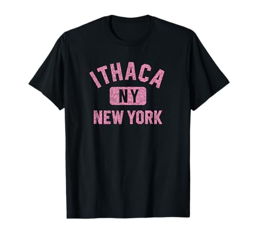 Ithaca New York Gym Style Distressed Pink Print T-Shirt