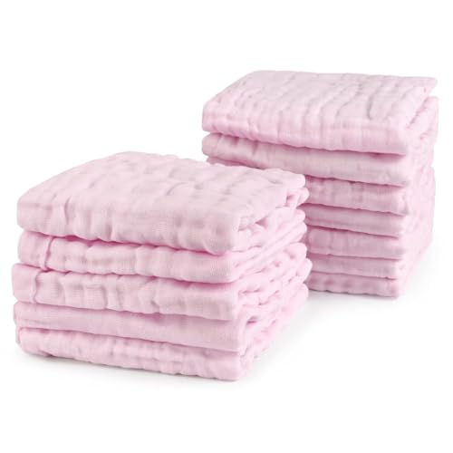 Image of Baby Muslin Washcloth Cotton Baby Wipes Cum Face Towel, Pack of 5, 10x10 inches - Pink