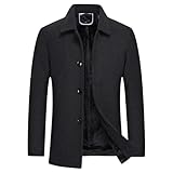 Herren Trenchcoat, lang, Wollmischung, Slim Fit, Daunenmantel, Schwarz, Größe L
