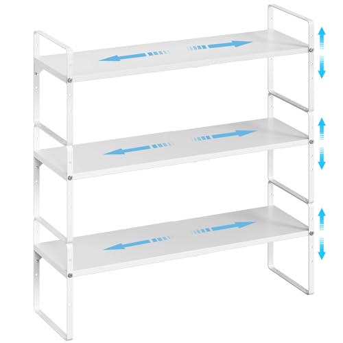 15.5 to 25.5 Inch Kitchen Cabinet Shelf Organizers, Adjustable Kitchen Counter Shelf Organizer, Set of 3 Expandable Countertop Storage Shelves, Stackable Design, 30LBS Heavy Duty, Space Saver