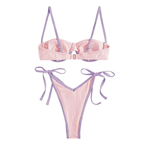 Zaful Women's Underwire Bikini High Cut Bikini Set Tie Side Bottom Two Piece Swimsuit Bathing Suit (2-Pink,S) #TOP2