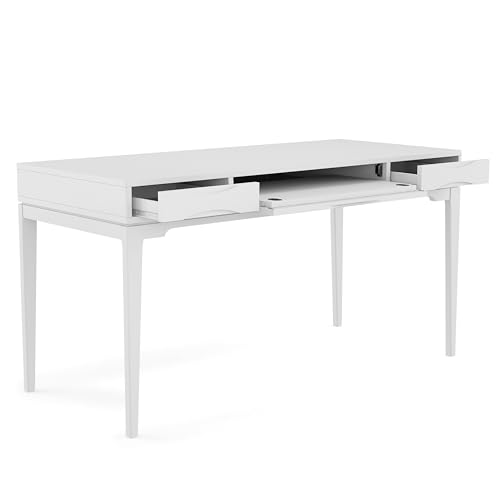 Image of SIMPLIHOME Harper Desk - 60 Inch Wide Solid Wood Writing Desk in White, Mid-Century Modern Home Office Computer Table for Workspace or Study with 2 Drawers and Flip-Down Keyboard Tray
