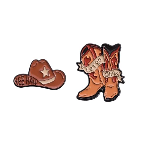 Image of Cowboy Cowgirl Boots Hat Lucky Enamel Pin Brooch for Women Girls Boys 2 Pcs Brown Western Cute Novelty Lapel Pins Star Letter Brooches Travel Adventure Badge Backpack Jewelry Decoration